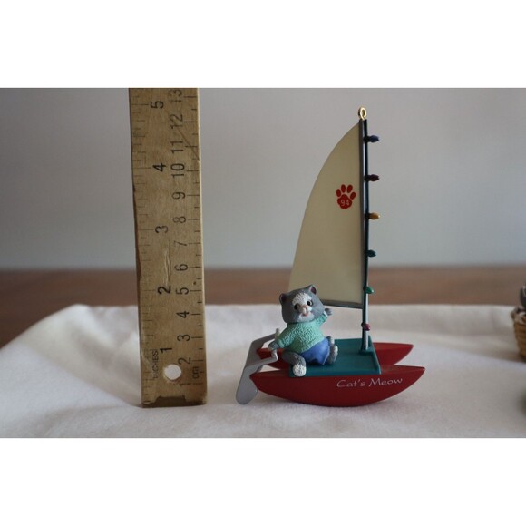 Lot Of 5 Hallmark Cat Kitty Feline Ornaments Picture Frame Sail Boat Basket - Picture 5 of 15